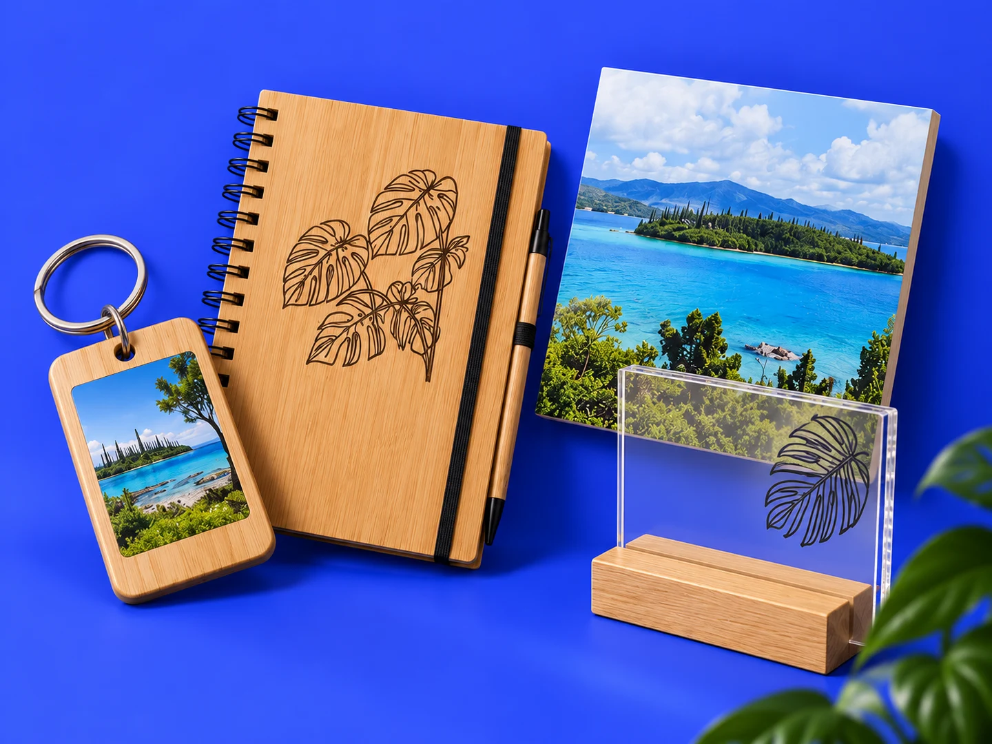 Inspirations : carnet en bois gravé, porte-clés et objets illustrés aux couleurs du lagon